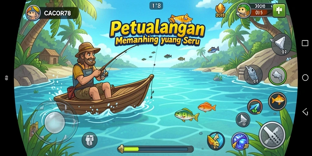 Screenshot gameplay CACOR78 menampilkan aksi seru saat memancing di air terbuka.