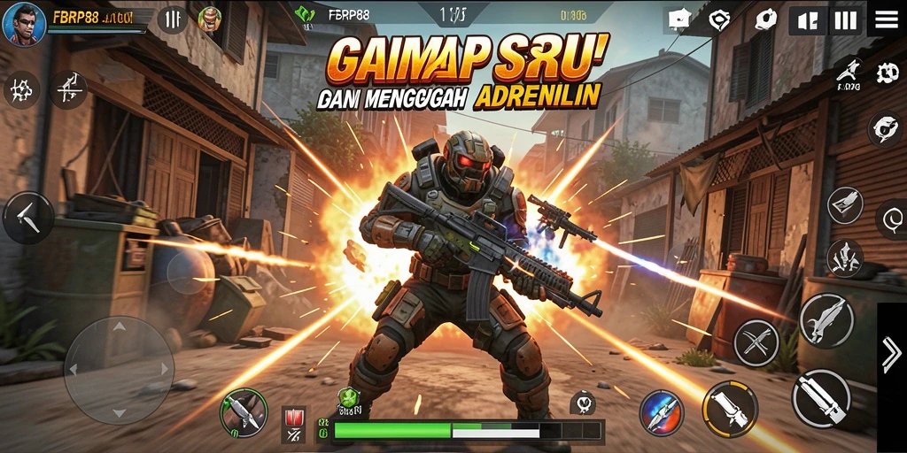 Tangkapan layar utama FBRP88 menampilkan aksi perang melawan musuh yang menegangkan.