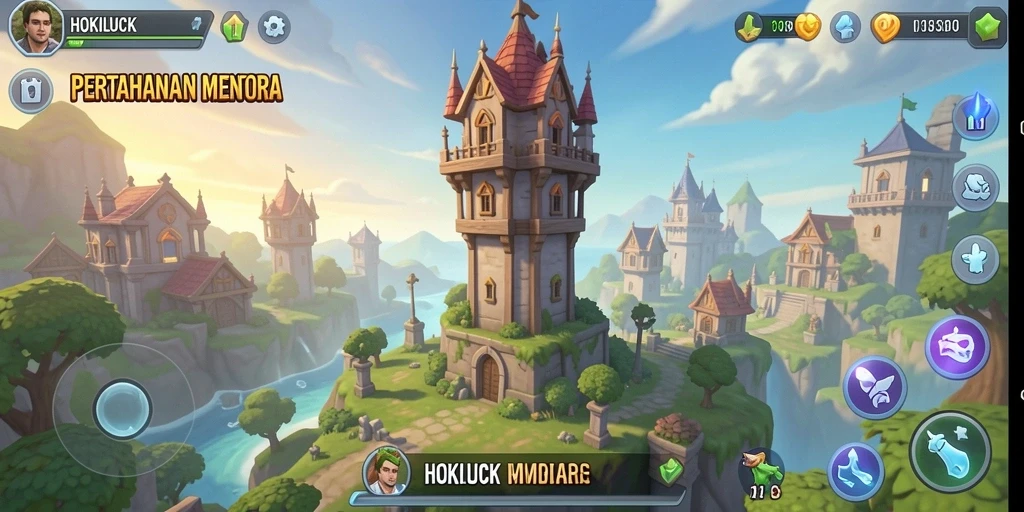 Screenshot gameplay HOKILUCK dengan berbagai tower pertahanan yang strategis.