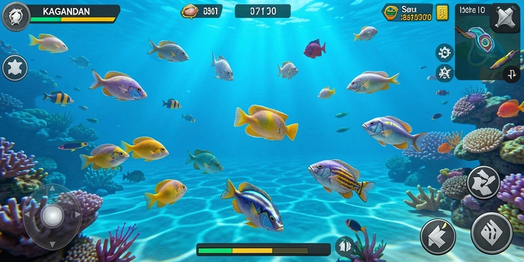 Tampilan gameplay seru KAGANDAN dengan berbagai ikan yang menarik.