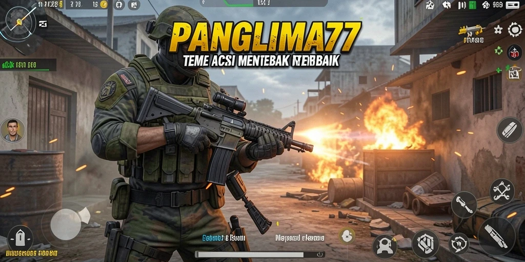 Screenshot permainan PANGLIMA77 menampilkan aksi tembak menembak yang intens.