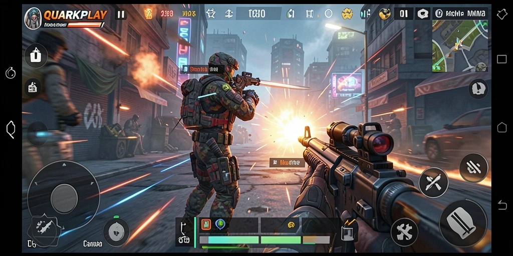 Tampilan gameplay seru di QUARKPLAY dengan aksi tembak-menembak yang intens.