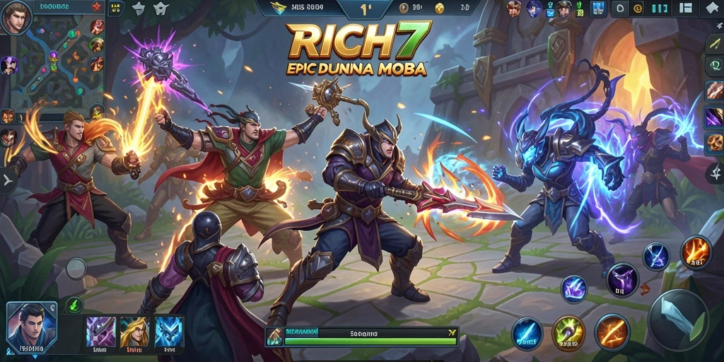 Screenshot gameplay utama RICH7 menampilkan pertarungan seru antara dua tim.