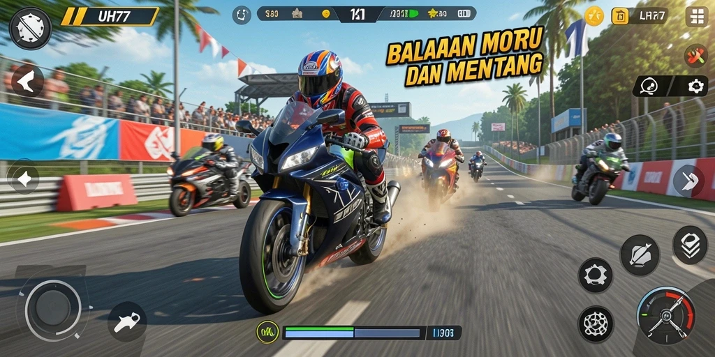 Screenshot UH77 menampilkan aksi balap motor yang mendebarkan.