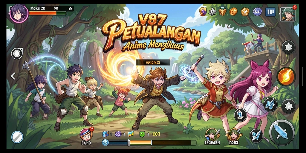 Screenshot utama V87 menampilkan aksi seru karakter-karakter Anime.